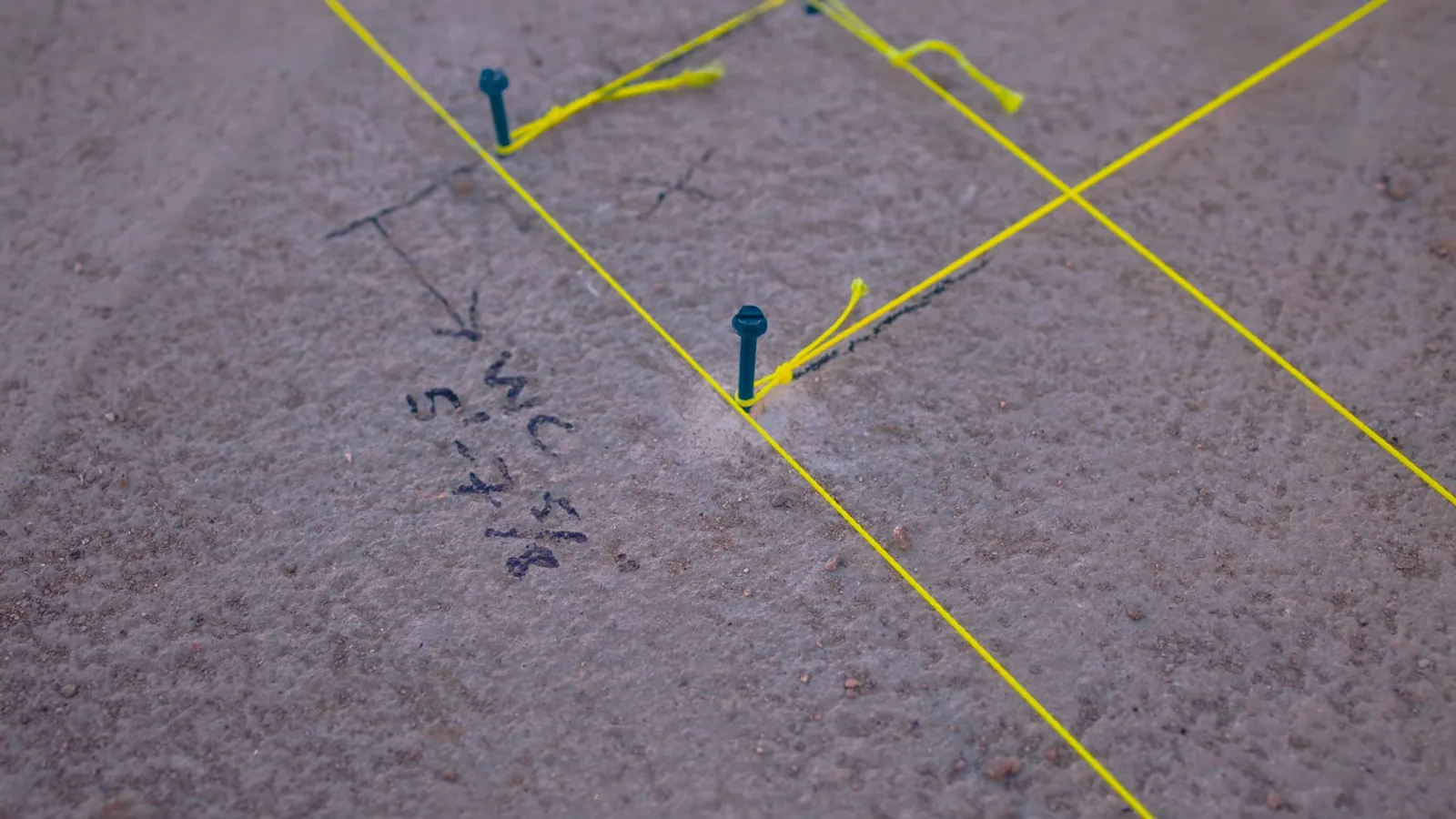 A concrete floor with yellow string lines and handwritten marks in blue pen