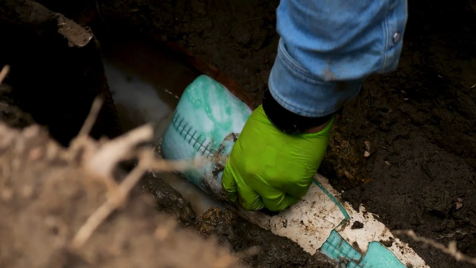 A green-gloved hand setting a pale green liner tube in a dirt trench beside roots