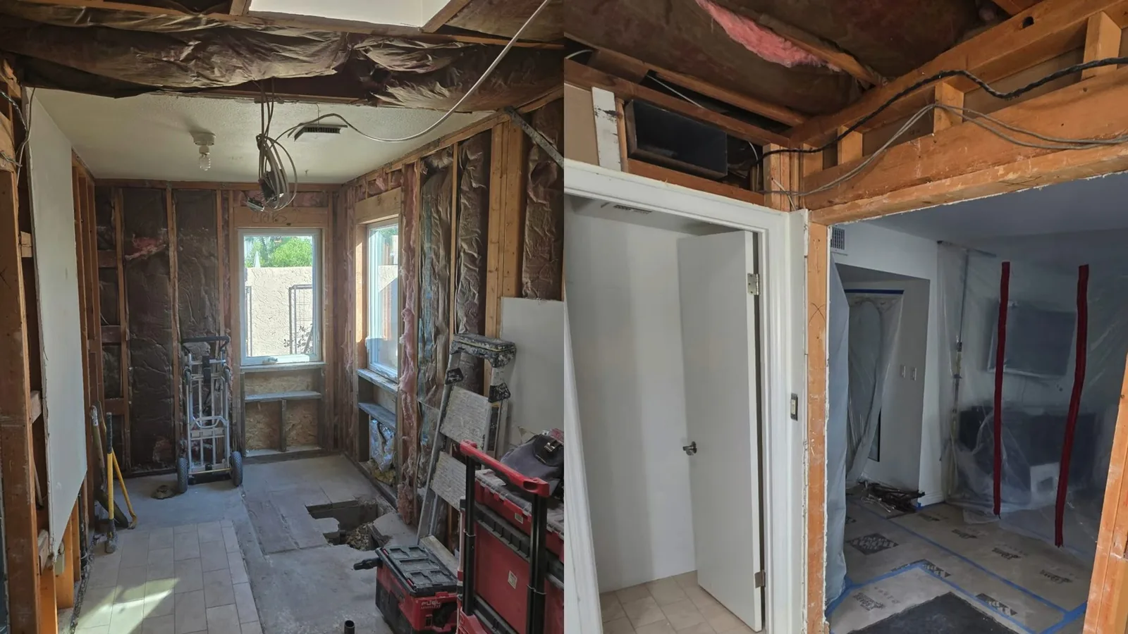 A gutted room with bare wall framing, a window and a plastic-sheeted doorway under a torn ceiling